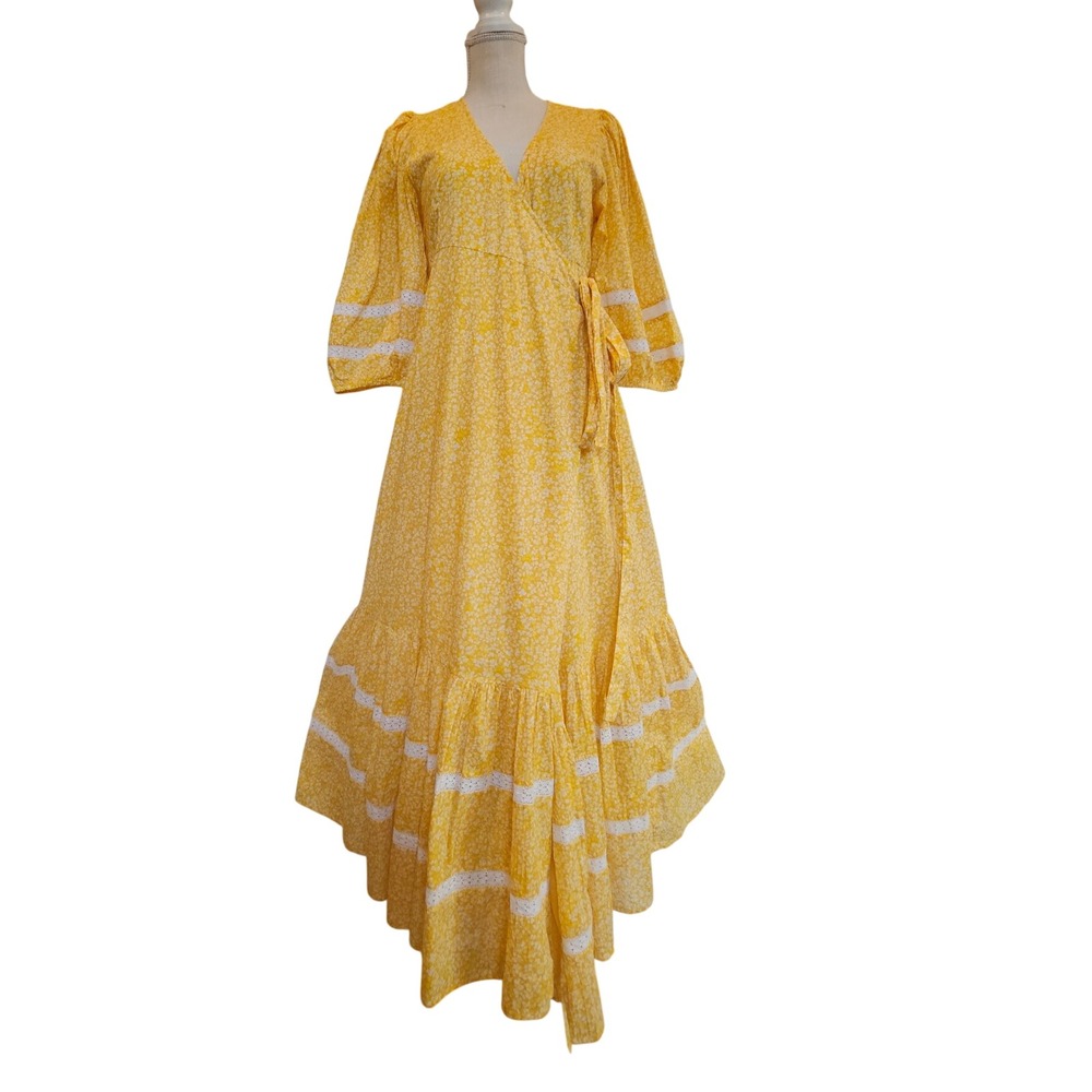 Olivia James The Label Yellow Floral Cotton Wrap Maxi Dress Eyelet Trim Small